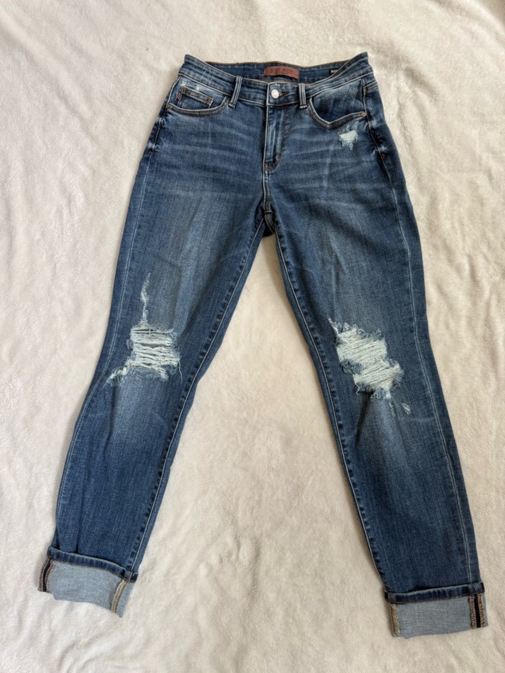 Judy Blue Distressed High Rise Dark Blue Boyfriend Jeans